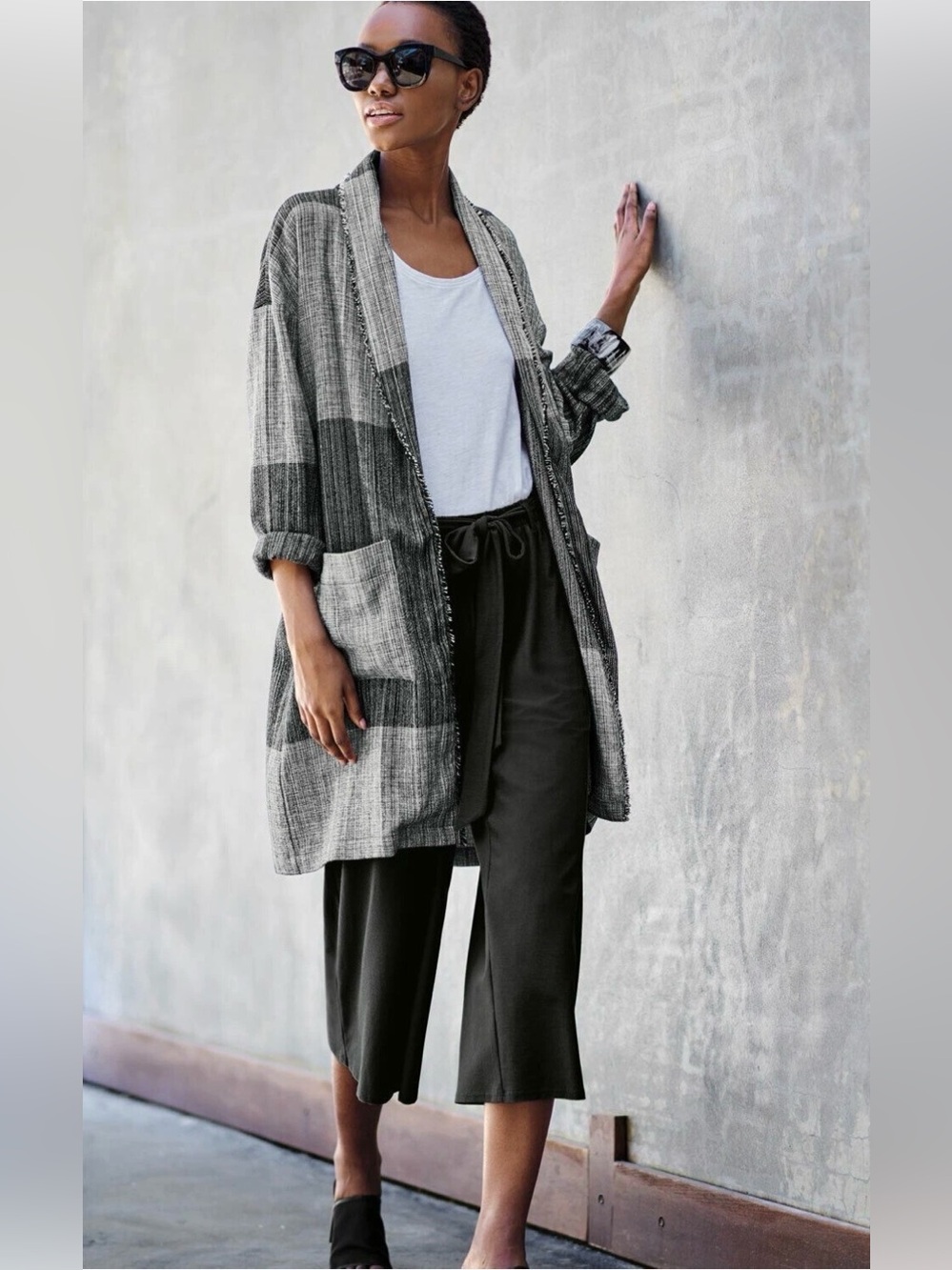 Eileen Fisher Organic Cotton Hazy Blocks Shawl Collar Jacket L/XL